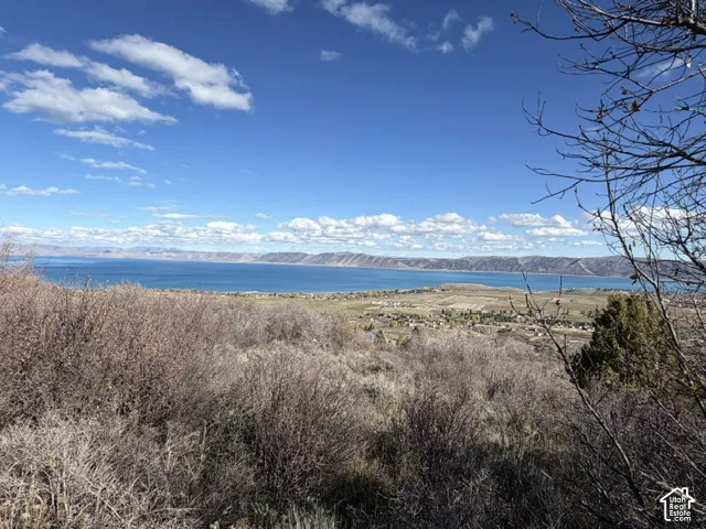 Expansive natural landscape featuring a large lake, mountain backdrop, and native brush