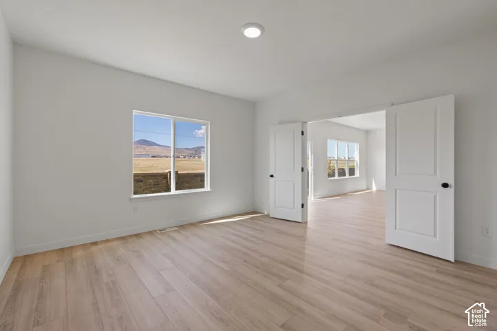 Neutral-toned room featuring wood-finish flooring, double-panel doors, and mountain scenery