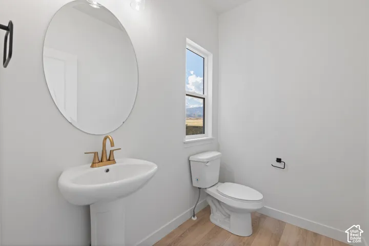 Pedestal sink with gold-tone faucet, oval wall-mounted mirror, wood-finish flooring, and window with exterior landscape scenery