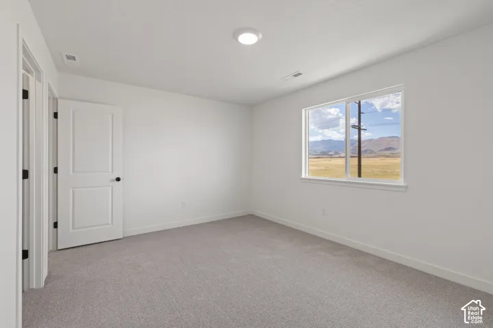 Neutral interior room featuring neutral-tone carpeting, white walls, a sliding window with mountain scenery, and a flush-mount ceiling light