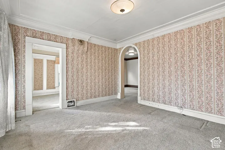 Interior room featuring ornate crown molding, a decorative arched doorway, and a ceiling-mounted light fixture
