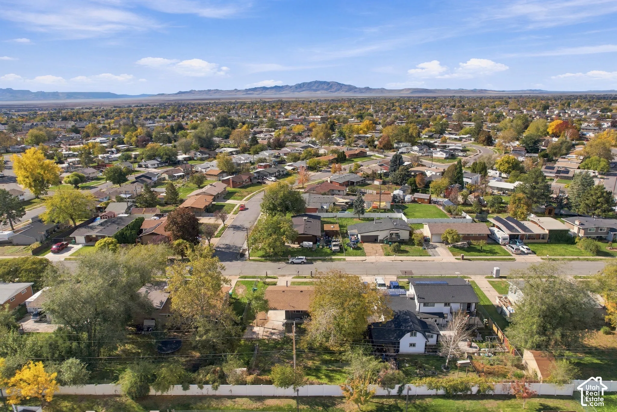Aerial perspective of a residential neighborhood featuring mature canopy trees, paved street infrastructure, and a prominent mountain range backdrop