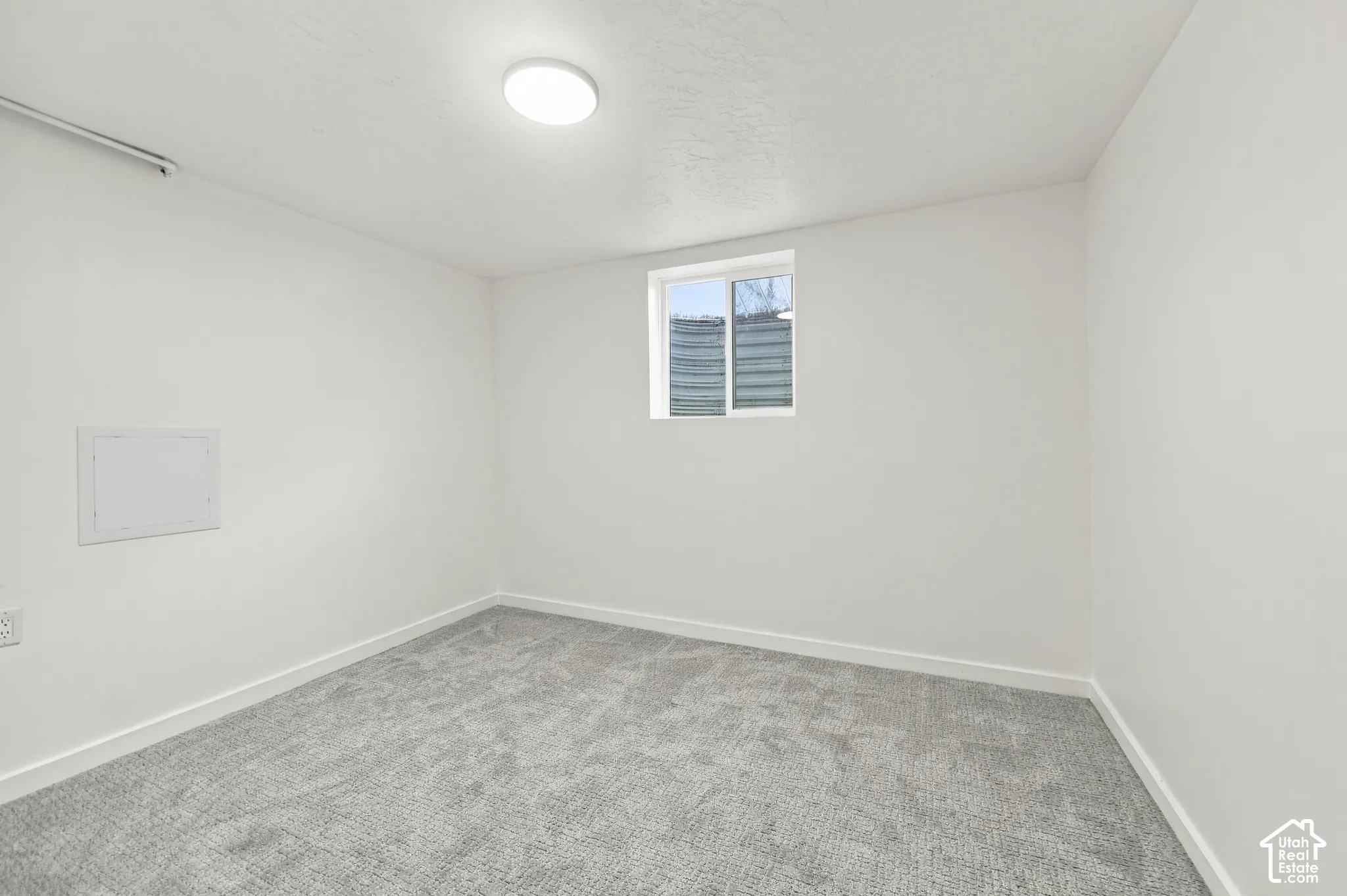 Neutral interior space featuring grey wall-to-wall carpeting, white walls, a flush-mount ceiling light fixture, and an egress window with a corrugated metal window well