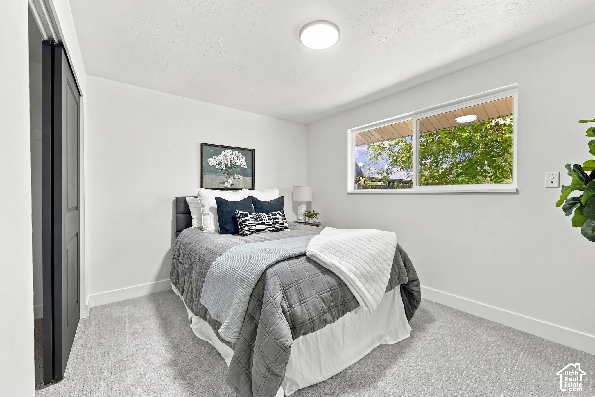 Neutral interior featuring plush wall-to-wall carpeting, crisp white wall finish, horizontal sliding window, and a dark-toned interior door