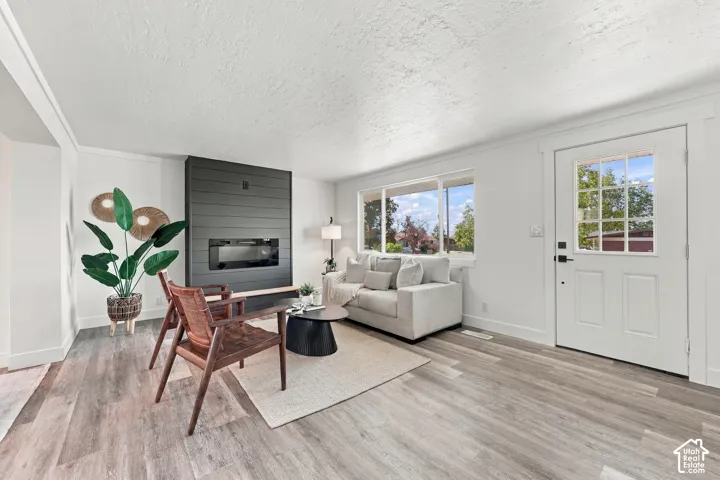Living area featuring wood-finish flooring, a wall-mounted electric fireplace with a dark shiplap surround, large window with natural light, and a white exterior-style entry door with a multi-pane window insert