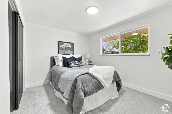 Neutral interior featuring plush wall-to-wall carpeting, crisp white wall finish, horizontal sliding window, and a dark-toned interior door