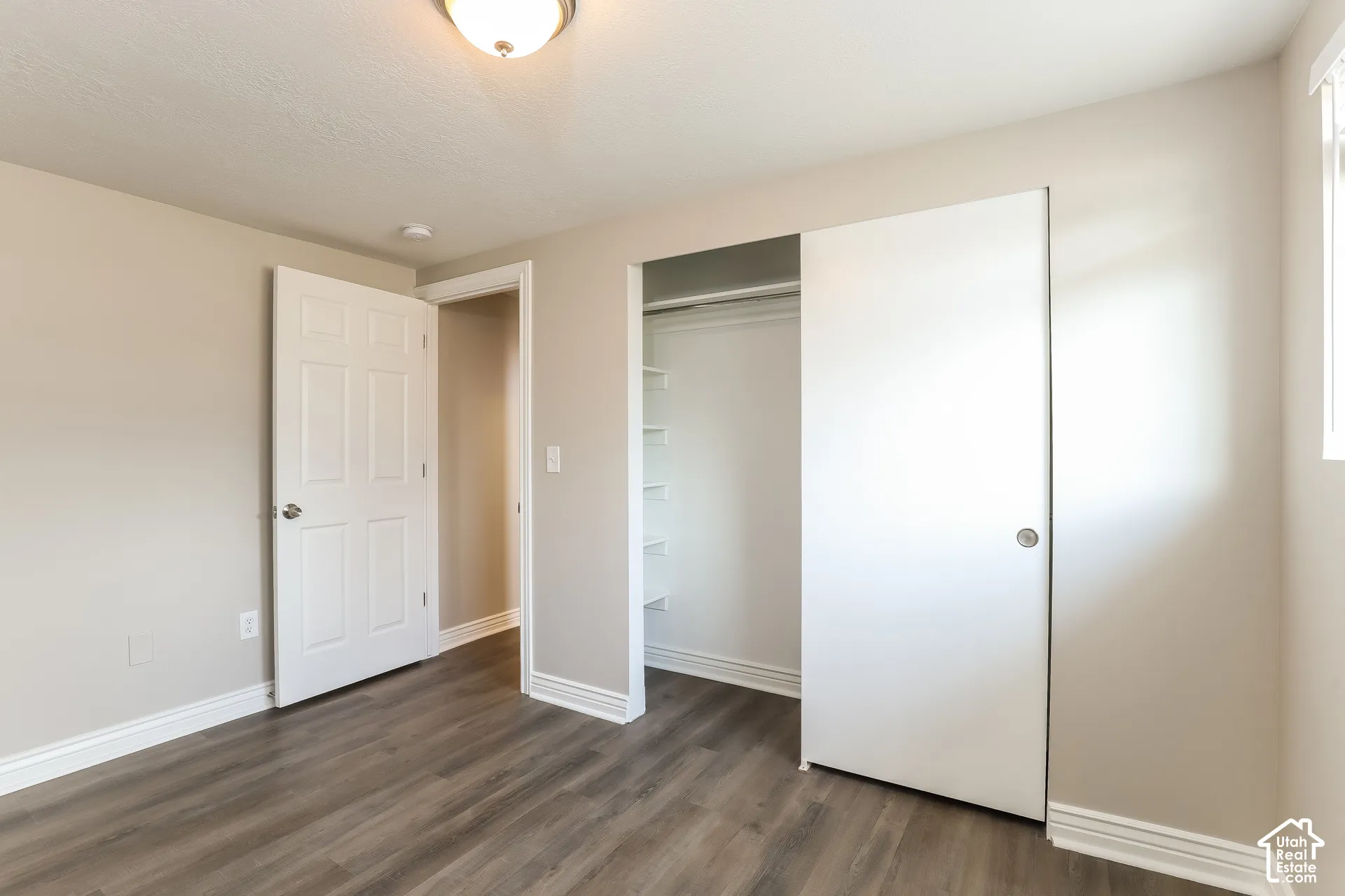 Neutral-toned interior featuring wood-finish flooring, a sliding-door closet with built-in shelving, a panel door, and a flush-mount ceiling light