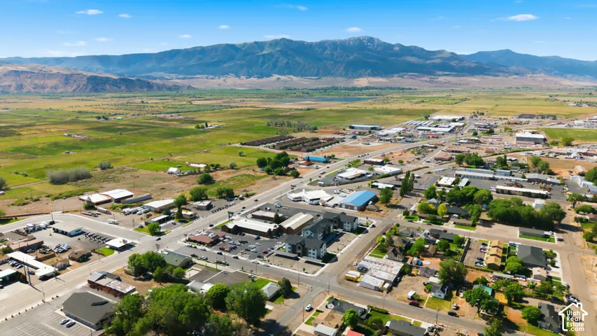 Aerial perspective showcasing a mixed-use commercial and residential district