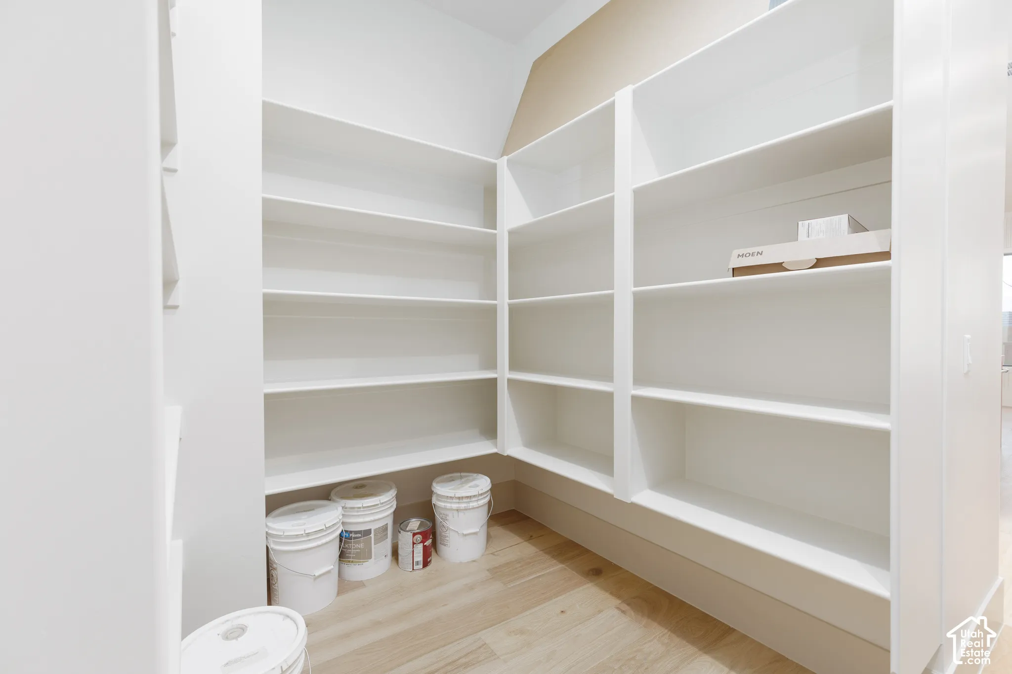 Storage space featuring white built-in wrap-around shelving and wood-finish flooring