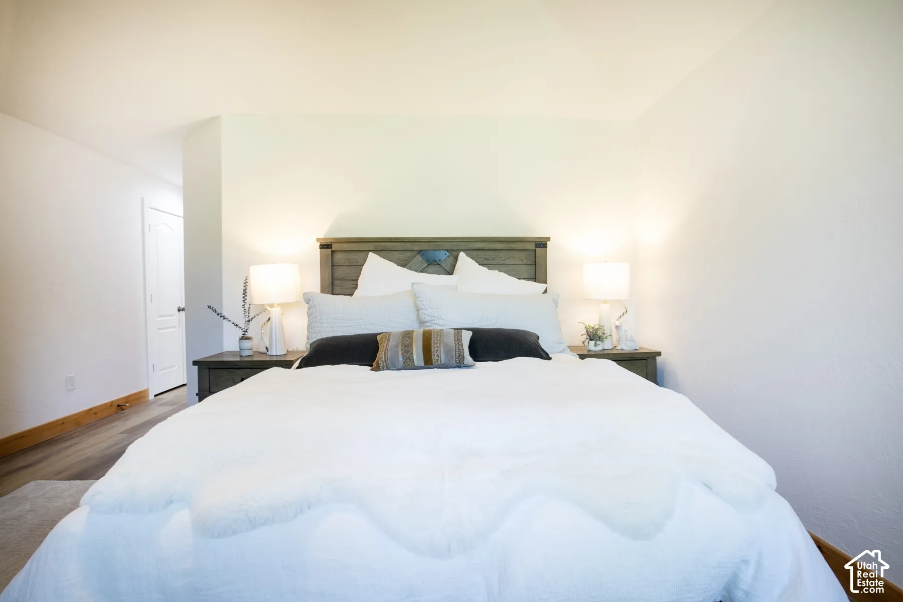 Neutral walls, wood-finish flooring, and a single-panel interior door
