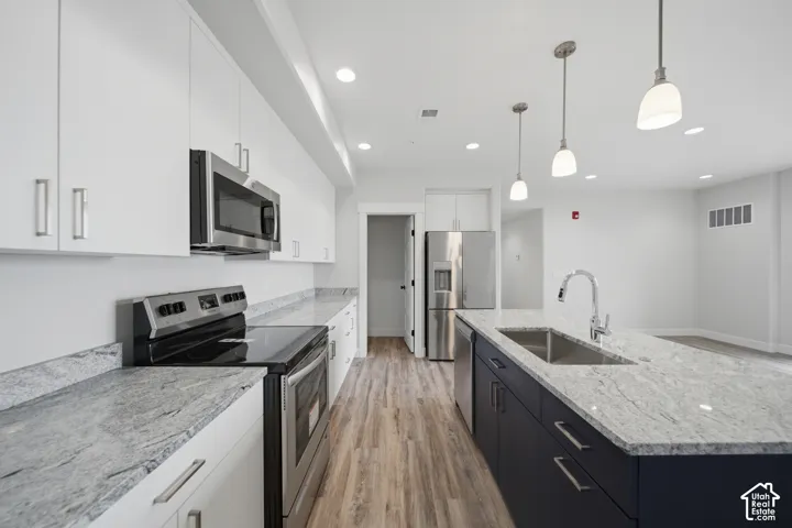 Modern kitchen featuring a large island with an undermount sink and pull-down faucet, stainless steel appliances, white upper cabinetry, navy base cabinetry, and wood-finish flooring