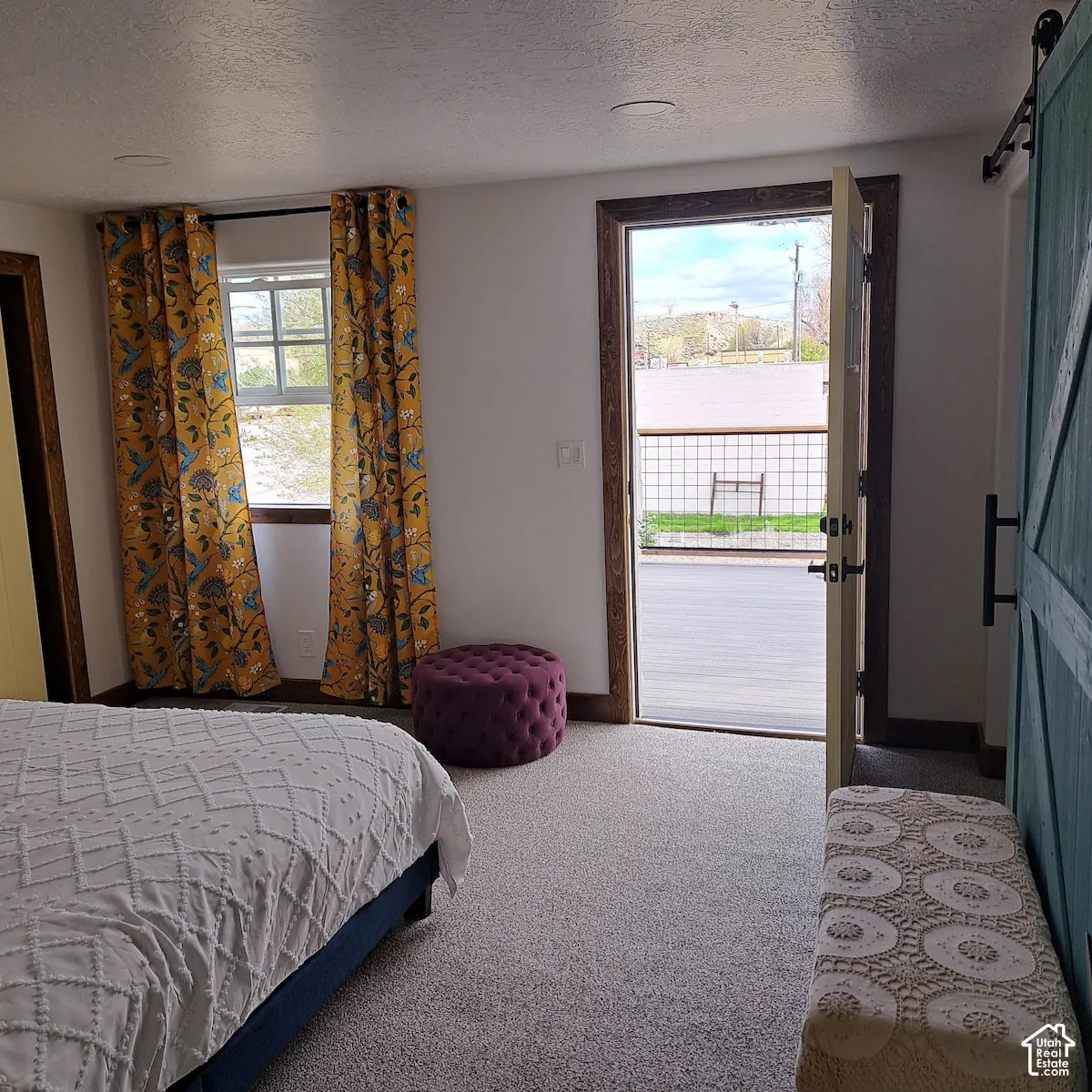 Room featuring neutral wall-to-wall carpeting, a teal sliding barn door with black hardware, and a door providing exterior access to a deck with wire railing