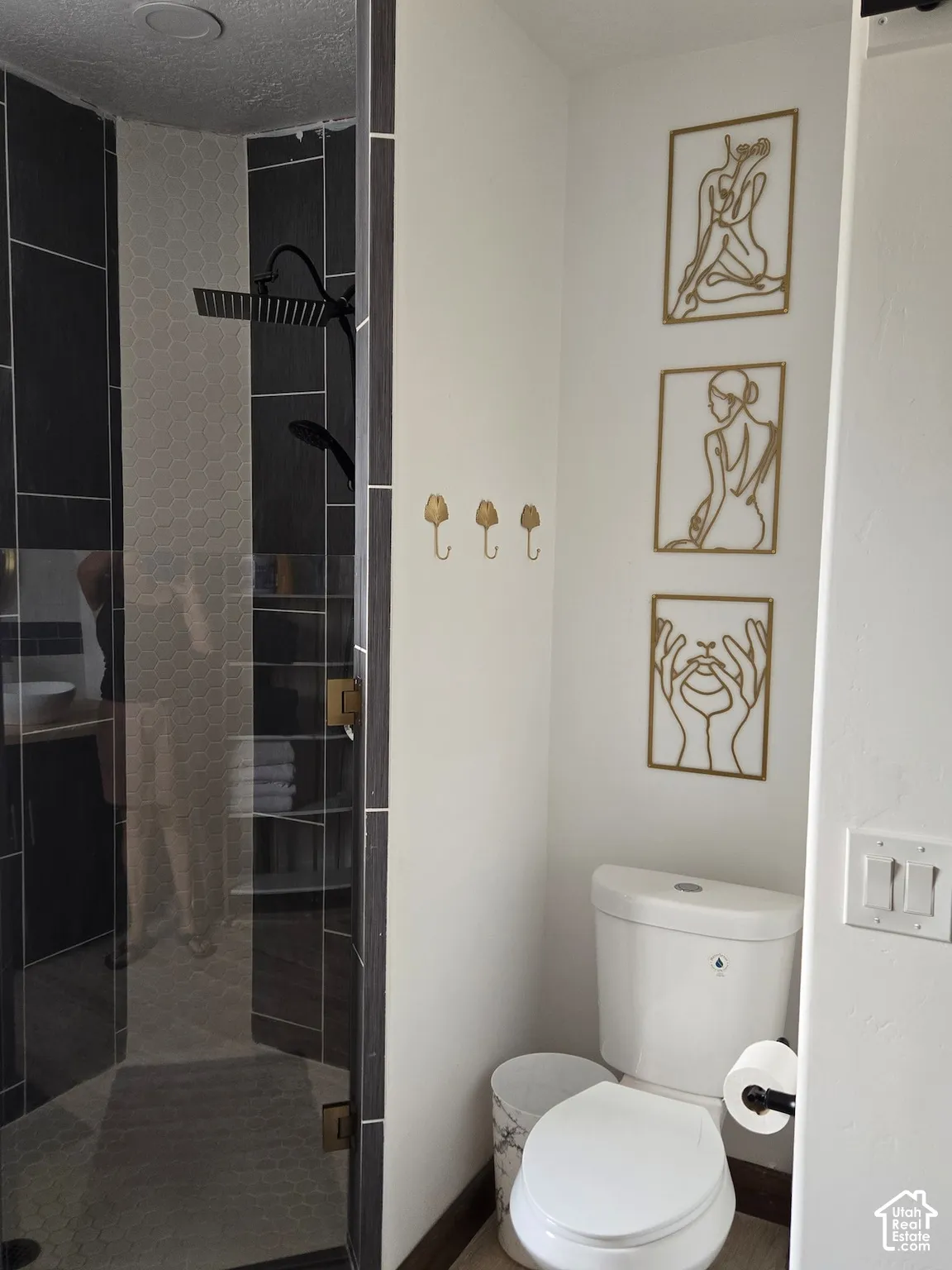 Walk-in glass-enclosed shower featuring dark vertical tile surround and rainfall showerhead, complemented by wall-mounted gold-toned hardware