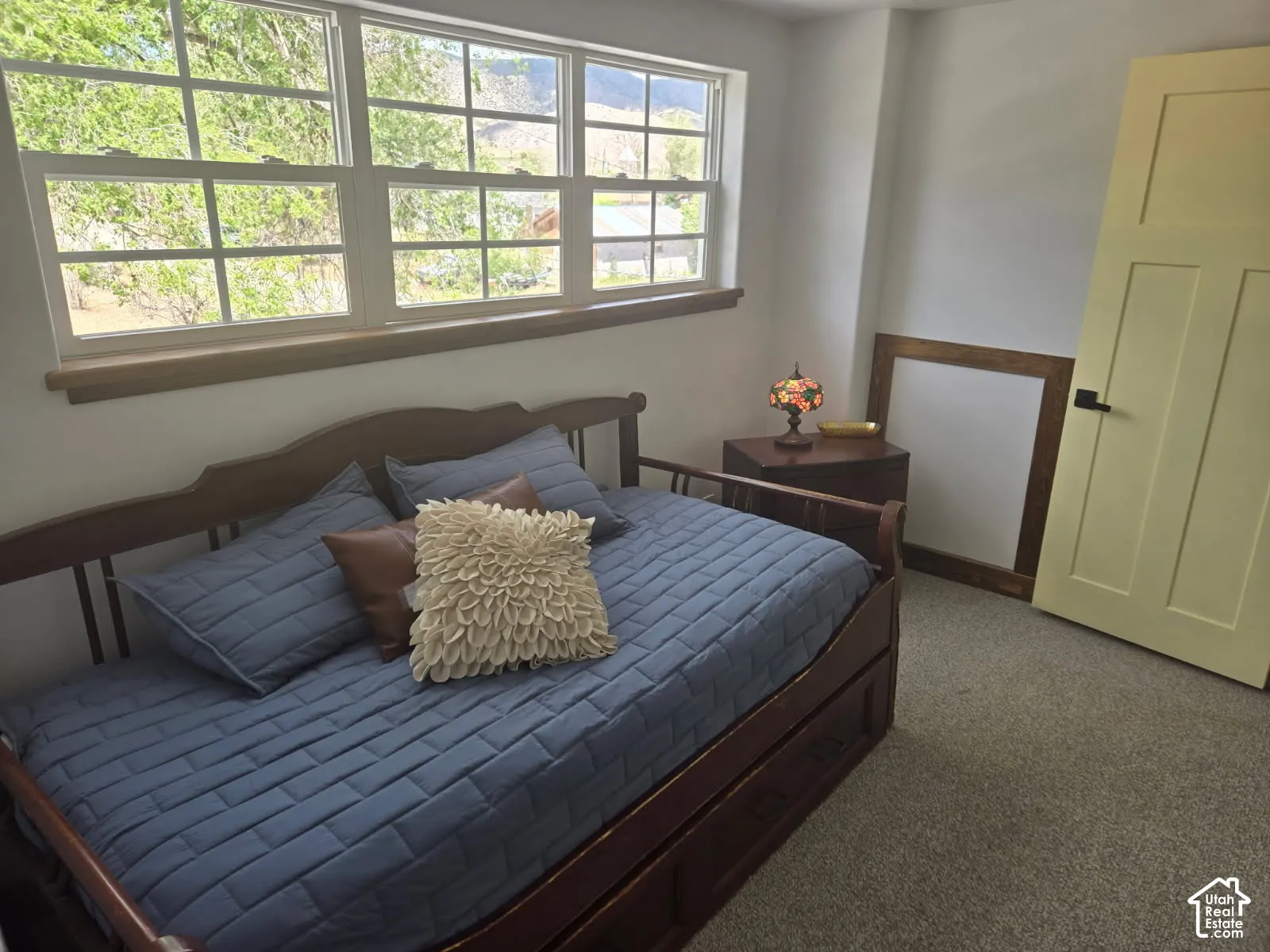 Multi-pane windows, wood window sill, shaker-style door with matte black hardware, and wall-to-wall carpeting