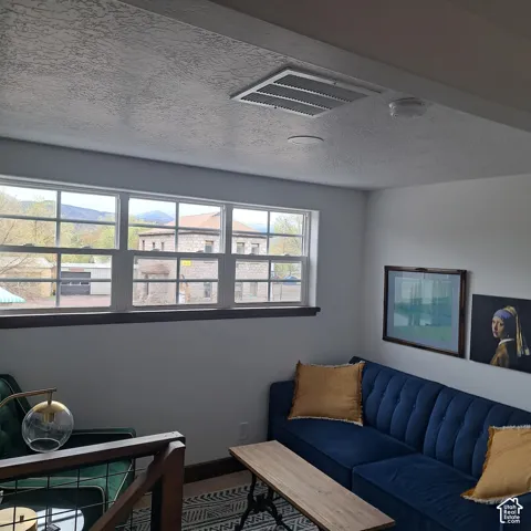 Multi-pane window assembly featuring mountain scenery, textured ceiling finish, and recessed lighting
