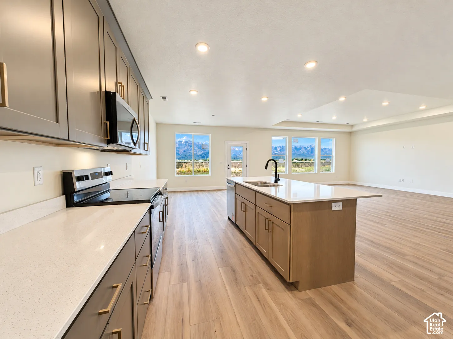 Kitchen featuring shaker-style cabinetry, quartz countertops, a central island with an undermount sink, wood-finish flooring, and recessed lighting