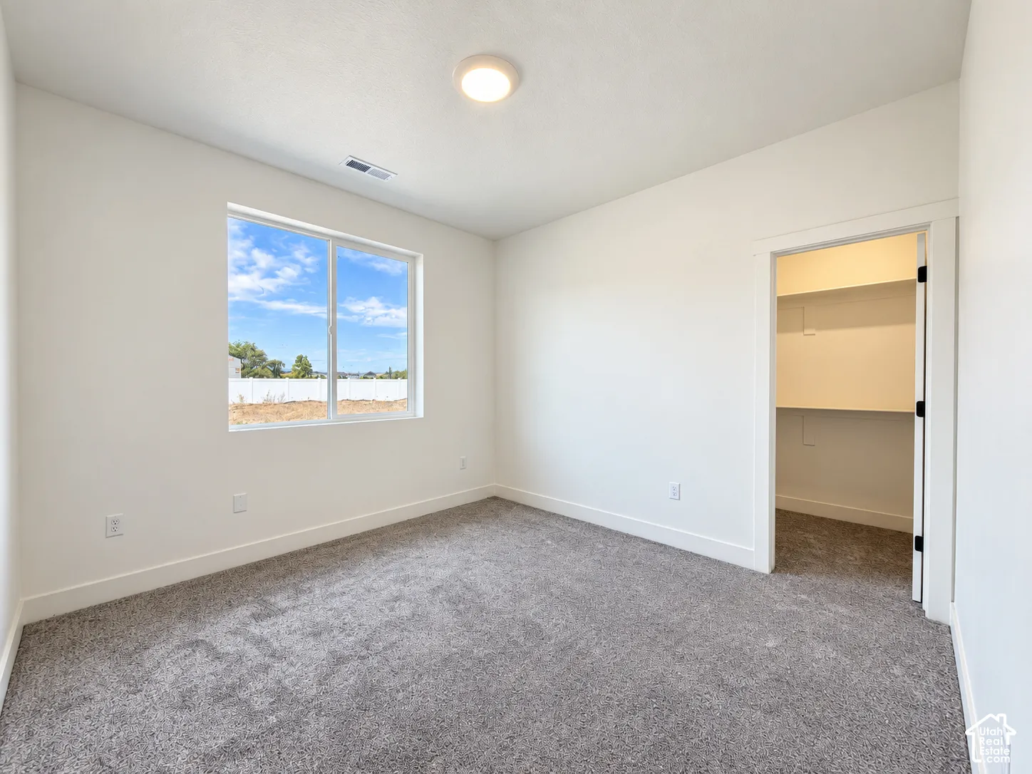 Neutral interior featuring carpeting, a large window, a ceiling-mounted light fixture, and a built-in closet with shelving