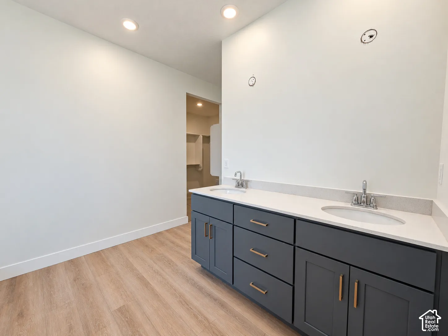 Dual-sink vanity featuring charcoal cabinetry, light-toned stone countertops, metallic hardware, and wood-finish flooring