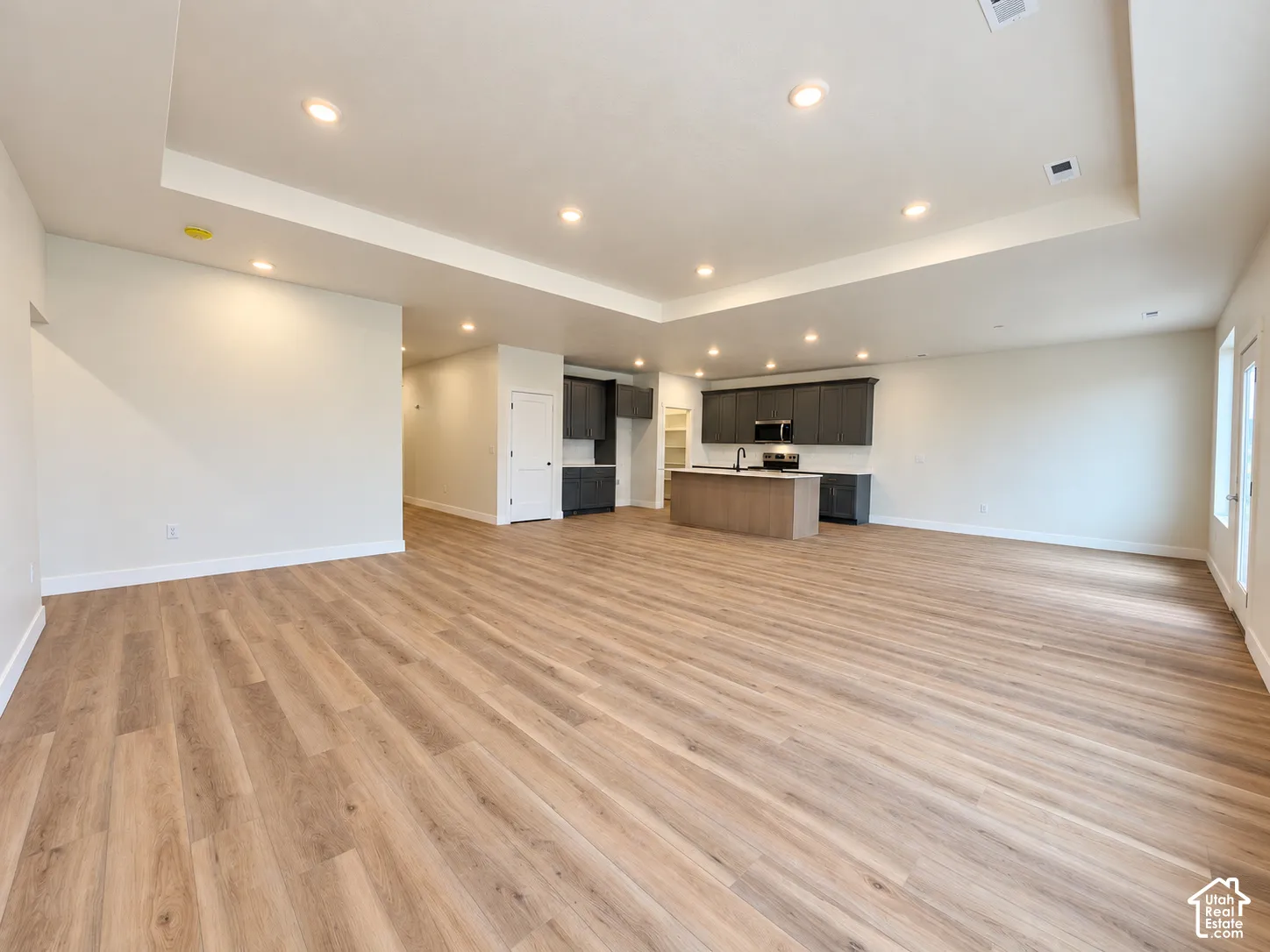 Open-concept area featuring a tray ceiling, recessed lighting, wood-finish flooring, a central kitchen island, and dark-toned cabinetry