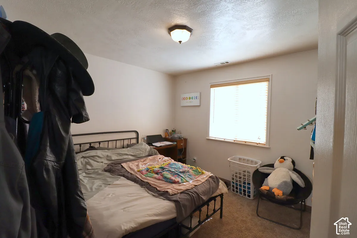 Neutral-toned interior room featuring wall-to-wall carpeting, a single window with horizontal blinds, and a central ceiling-mounted light fixture