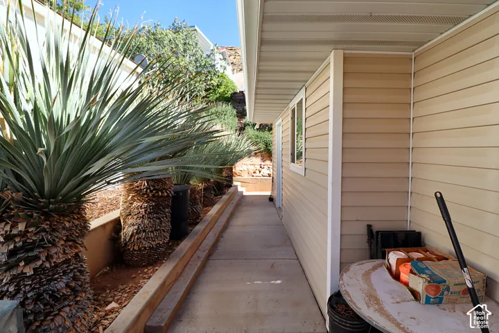 Exterior concrete walkway featuring light-colored horizontal siding, timber-framed planter beds, and mature yucca plantings