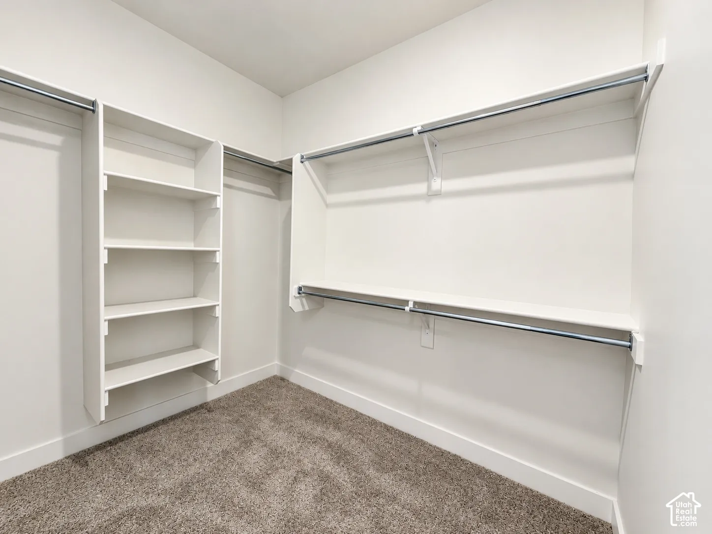 Storage area featuring custom white built-in shelving, dual-tier hanging rods, and neutral carpeting