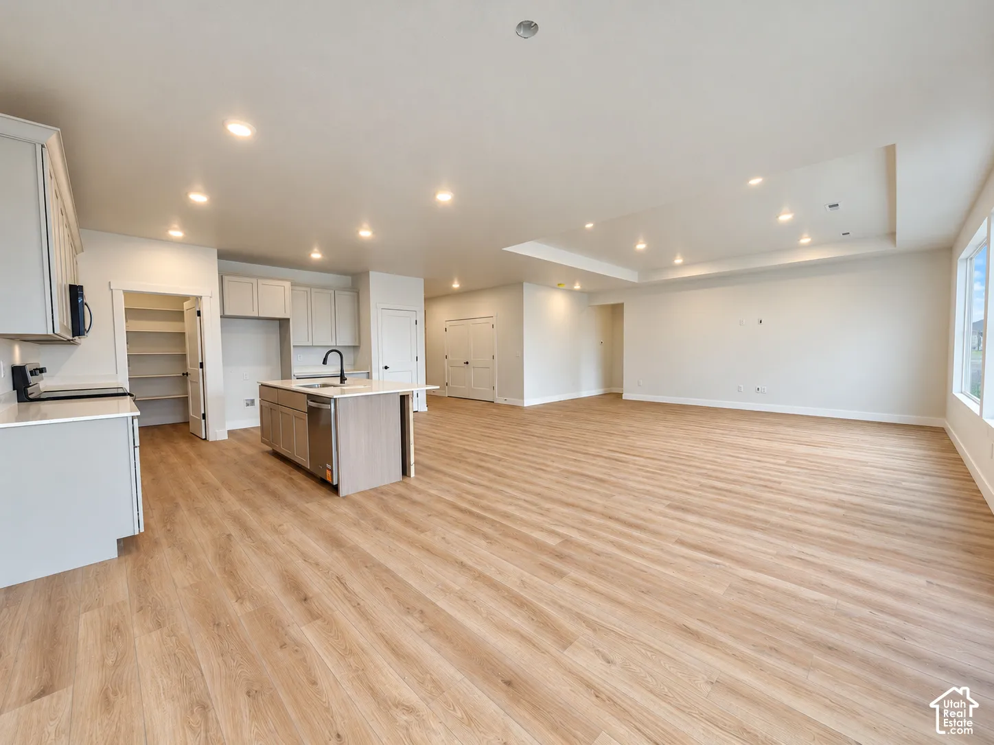 Open-concept interior featuring wood-finish flooring, tray ceilings, recessed lighting, a central island with a stone-surface countertop, and an integrated walk-in pantry