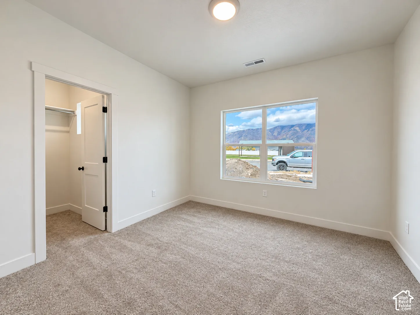 Neutral-toned carpeted flooring, single-panel interior door with matte black hardware, built-in closet with integrated shelving, and window framing a mountain backdrop