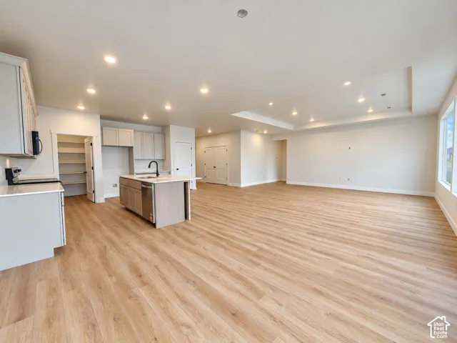 Open-concept interior featuring wood-finish flooring, tray ceilings, recessed lighting, a central island with a stone-surface countertop, and an integrated walk-in pantry