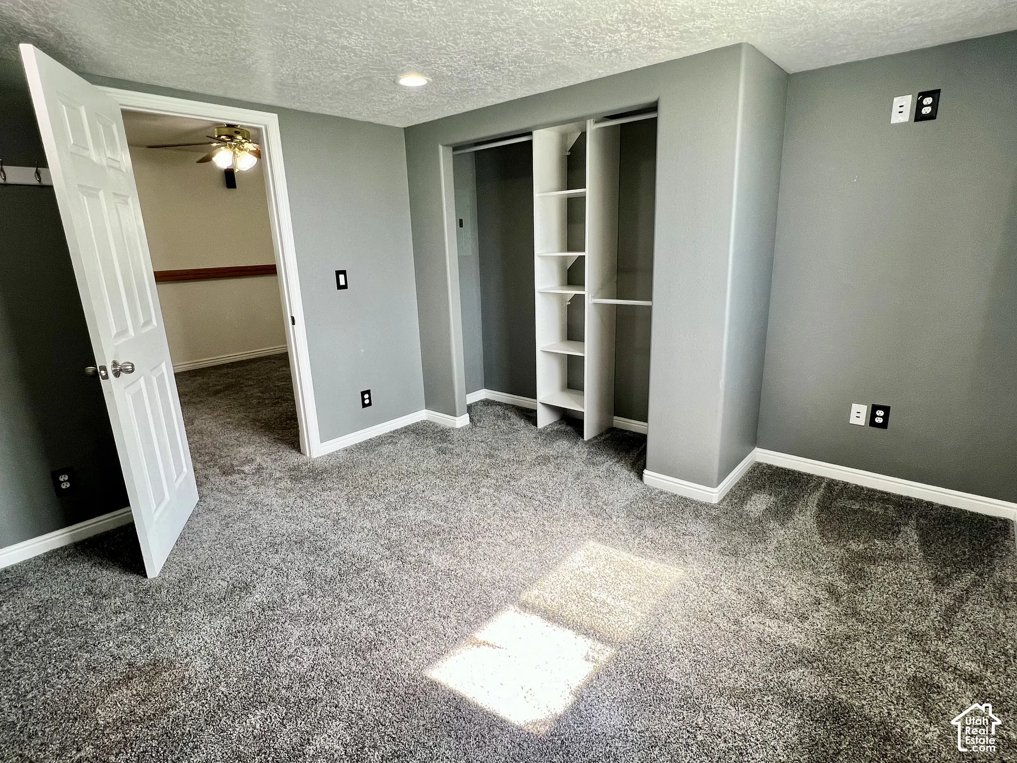 Neutral-toned room featuring plush wall-to-wall carpeting, a recessed closet with integrated shelving, and a six-panel interior door