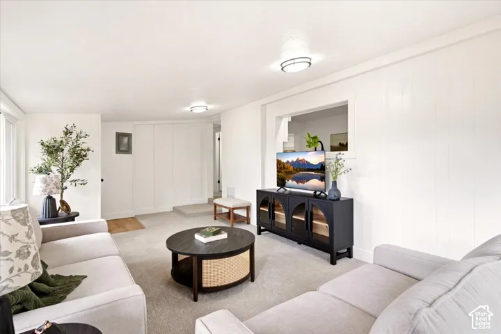 Interior space featuring wall paneling, carpeted flooring, flush-mount lighting, and a built-in recessed wall opening