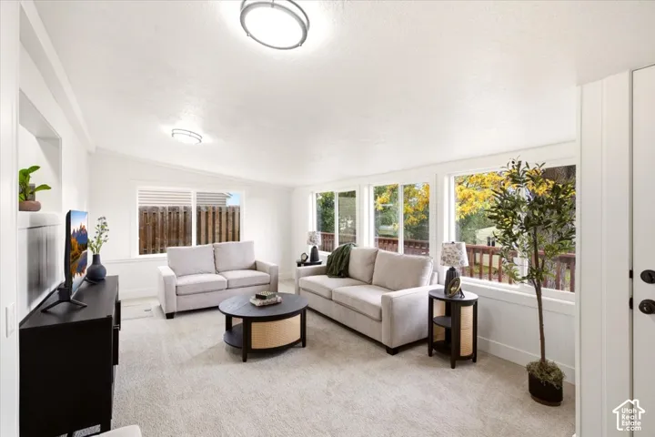 Living space featuring neutral carpeting, multiple expansive windows, recessed wall shelving, and dual overhead flush-mount lighting fixtures