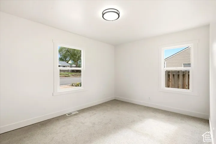 Neutral-toned carpeted flooring, dual vinyl windows with clean casing, and a minimalist flush-mount ceiling fixture