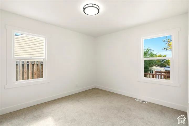 Neutral interior room featuring plush carpeting, crisp white walls, dual windows with white casing, and a flush-mount overhead light fixture