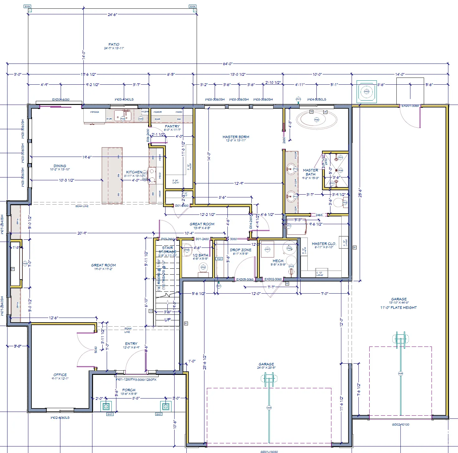 Floor plan, wall and door has been removed between kitchen sink and pantry for an open countertop pantry,