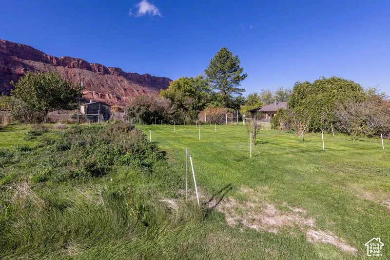 Expansive lot featuring mature trees, manicured lawn, perimeter fencing, and prominent mountain backdrop