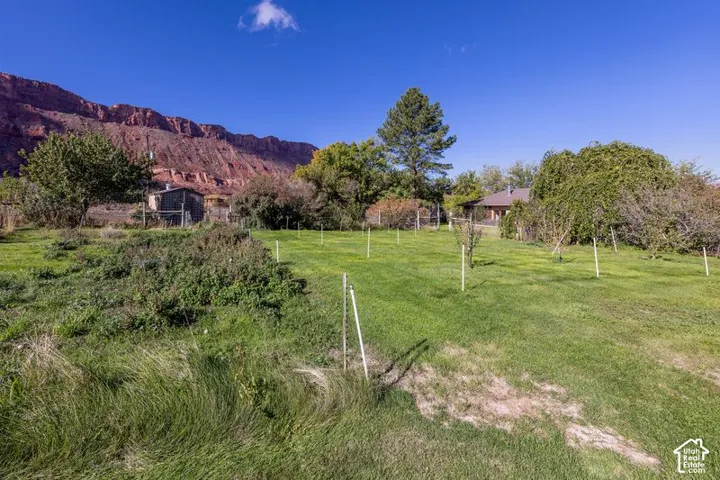 Expansive lot featuring mature trees, manicured lawn, perimeter fencing, and prominent mountain backdrop