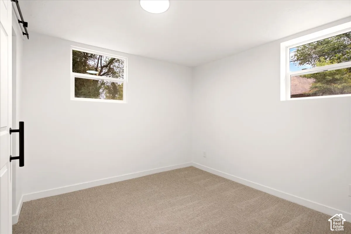 Neutral-toned carpeted room featuring two operable windows, a sliding door with a matte black handle, and a ceiling-mounted light fixture