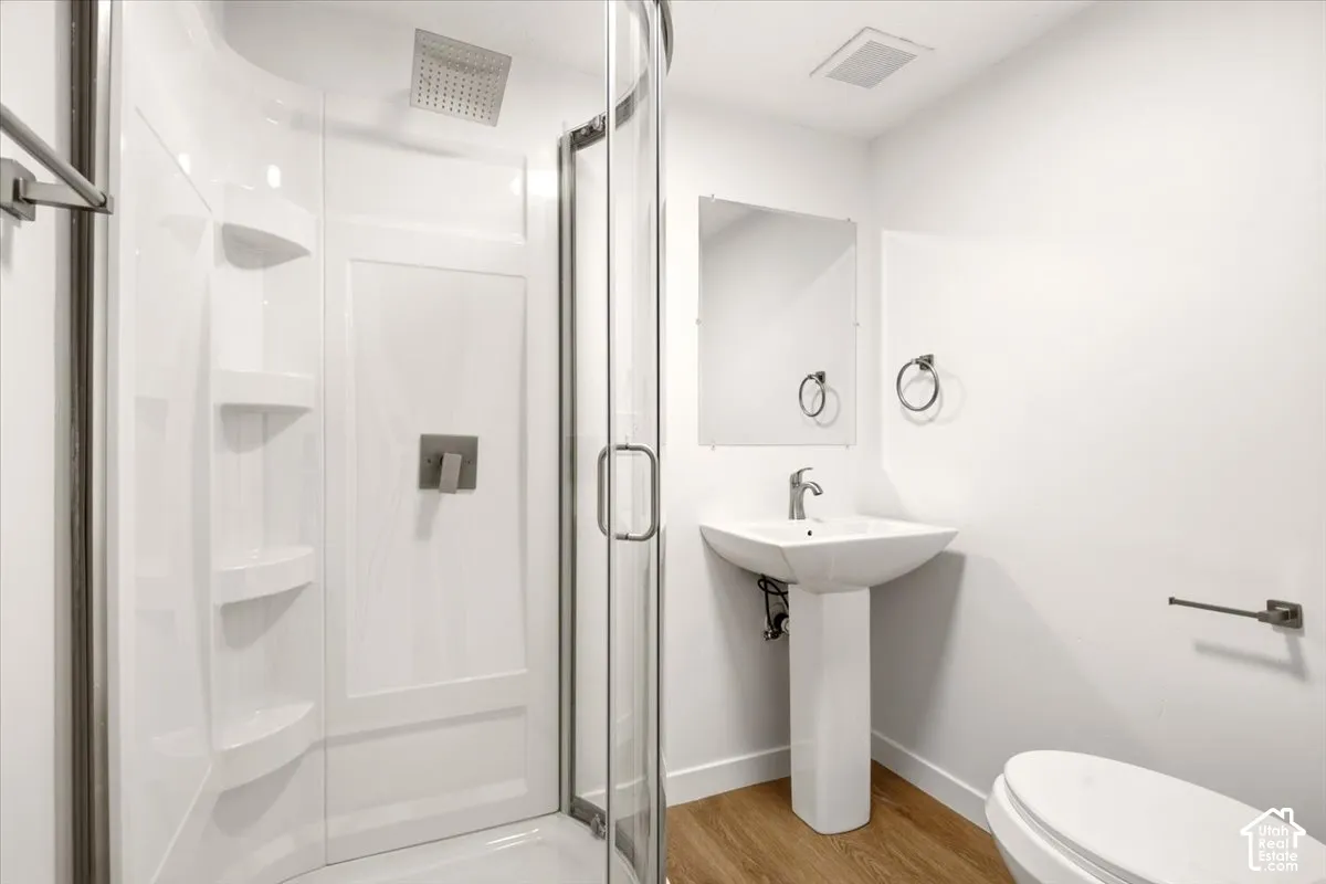 Corner shower enclosure with glass doors and integrated shelving, pedestal sink with single-handle faucet, wall-mounted mirror, and wood-finish flooring