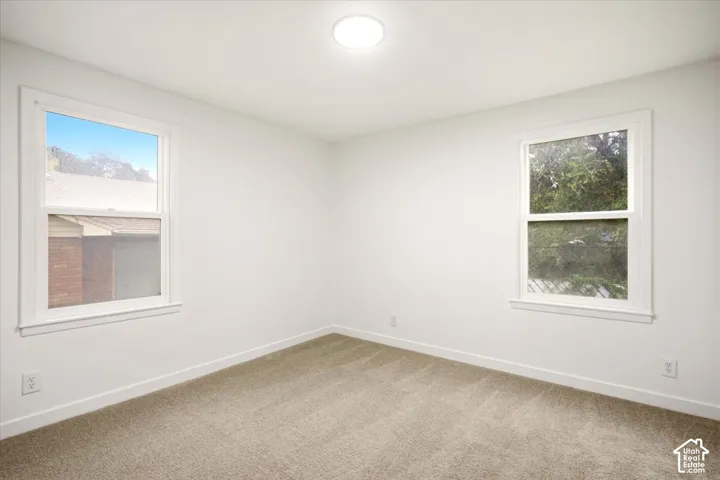 Neutral-toned carpeting, crisp white wall finish, and dual windows with white trim, featuring a central flush-mount ceiling light
