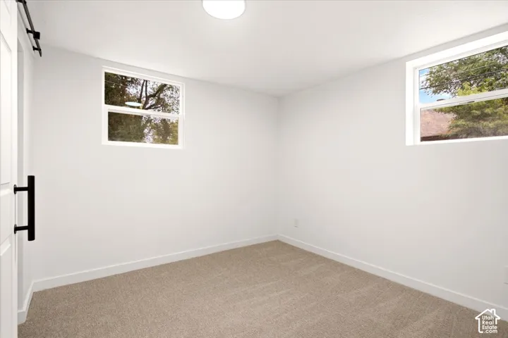 Neutral-toned carpeted room featuring two operable windows, a sliding door with a matte black handle, and a ceiling-mounted light fixture