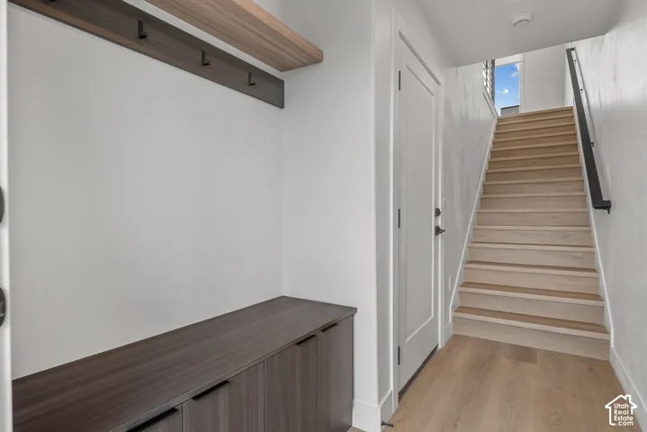 Built-in wood-finish cabinetry, integrated wall-mounted coat hooks, wood-finish staircase with matte black handrail, and light-toned wood-finish flooring