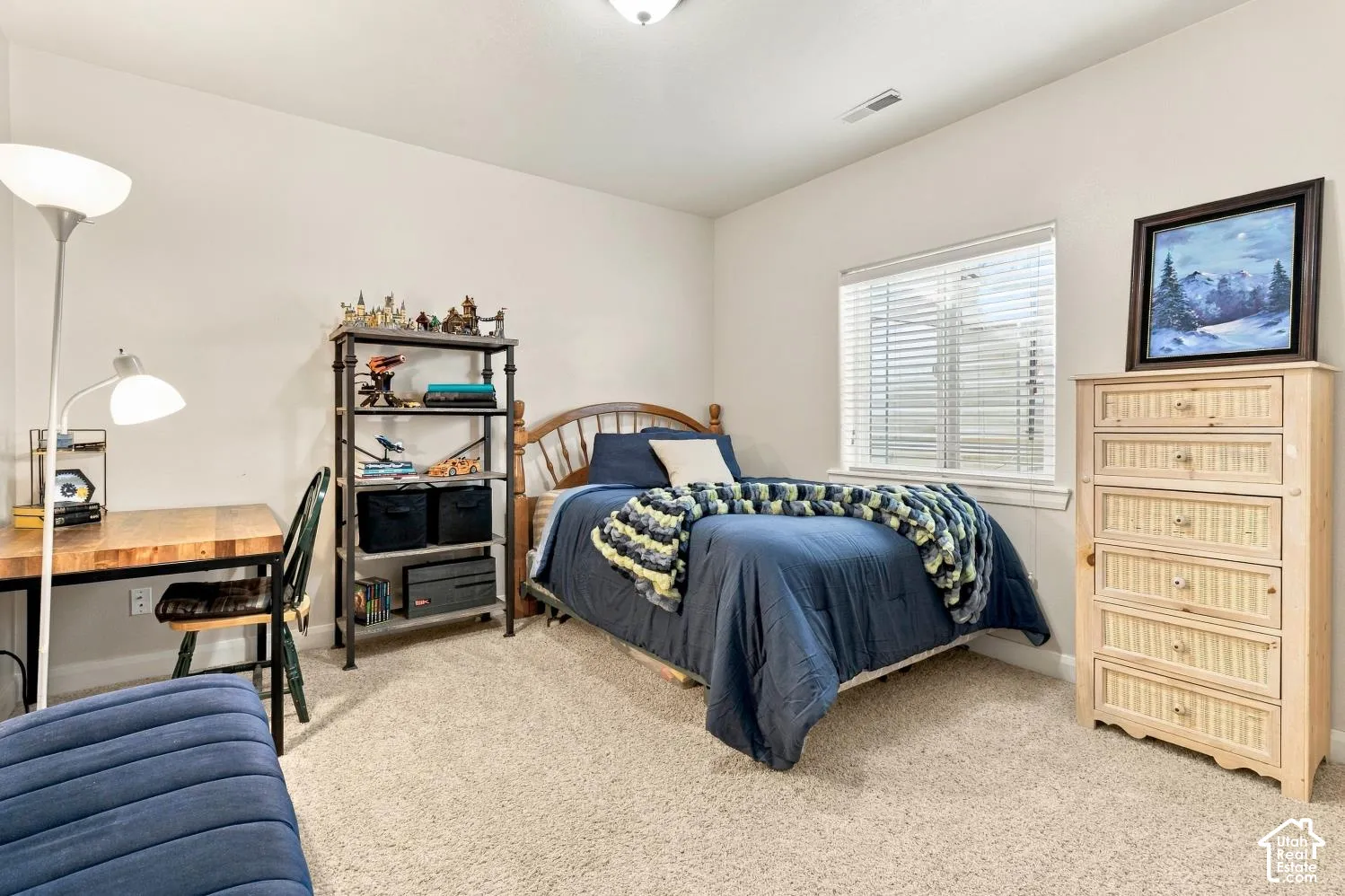 Neutral wall finishes, plush carpeting, a single-light ceiling fixture, and a window with horizontal blinds