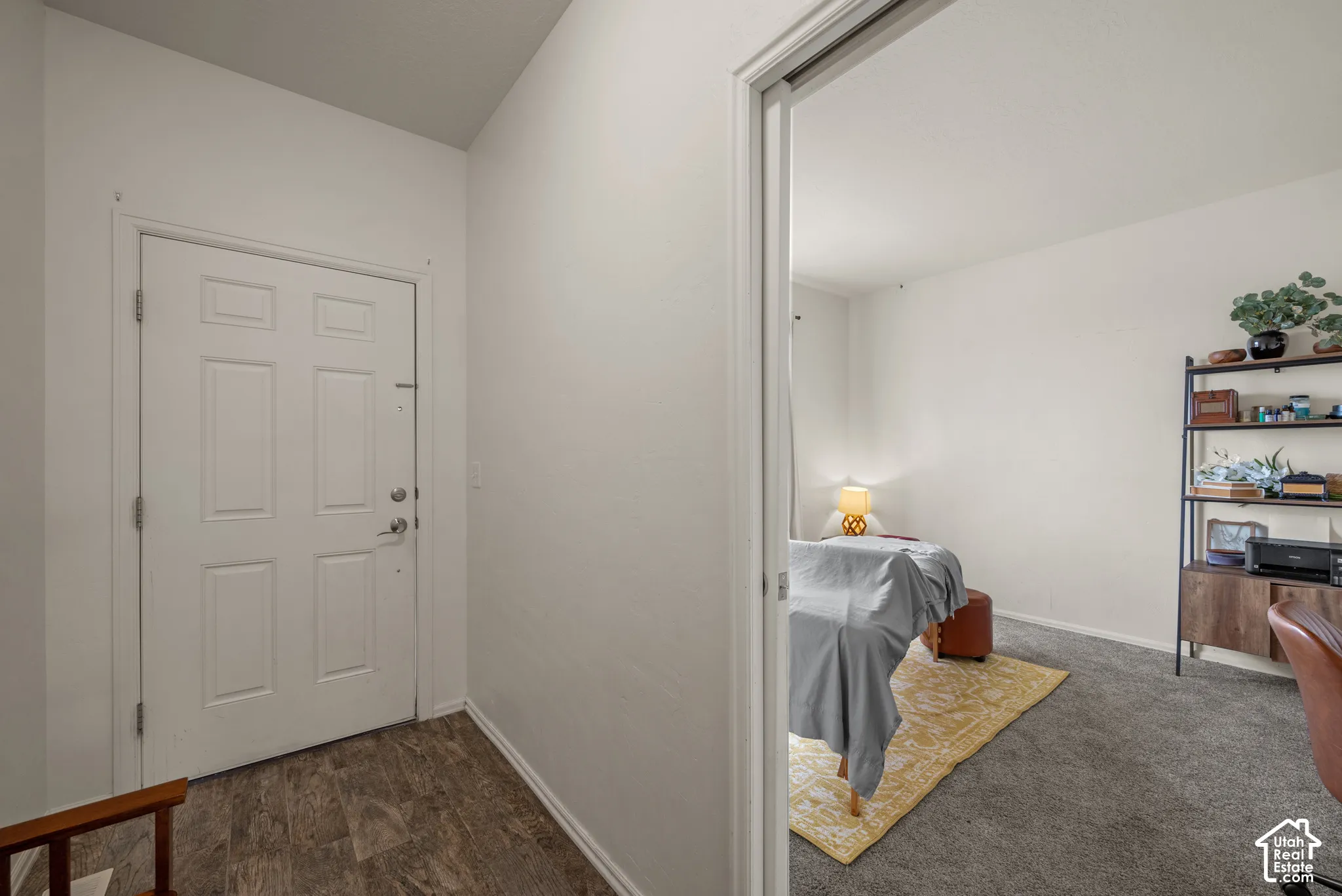 Entryway featuring a white paneled door with hardware and wood-finish flooring, revealing an interior space with carpeted flooring