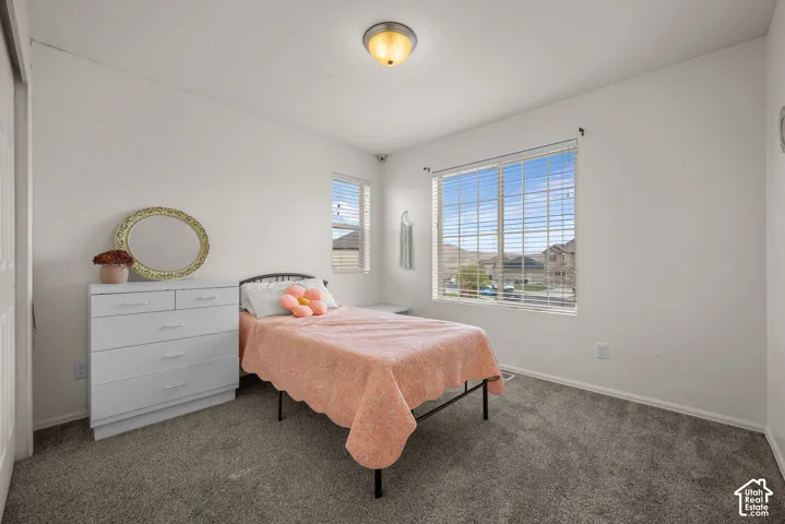 Neutral interior with plush wall-to-wall carpeting, expansive windows with horizontal blinds, and a circular flush-mount ceiling light fixture