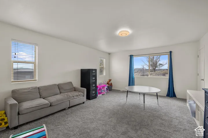 Spacious room featuring neutral carpeting, a large picture window, a secondary window with horizontal blinds, and a circular flush-mount ceiling light fixture