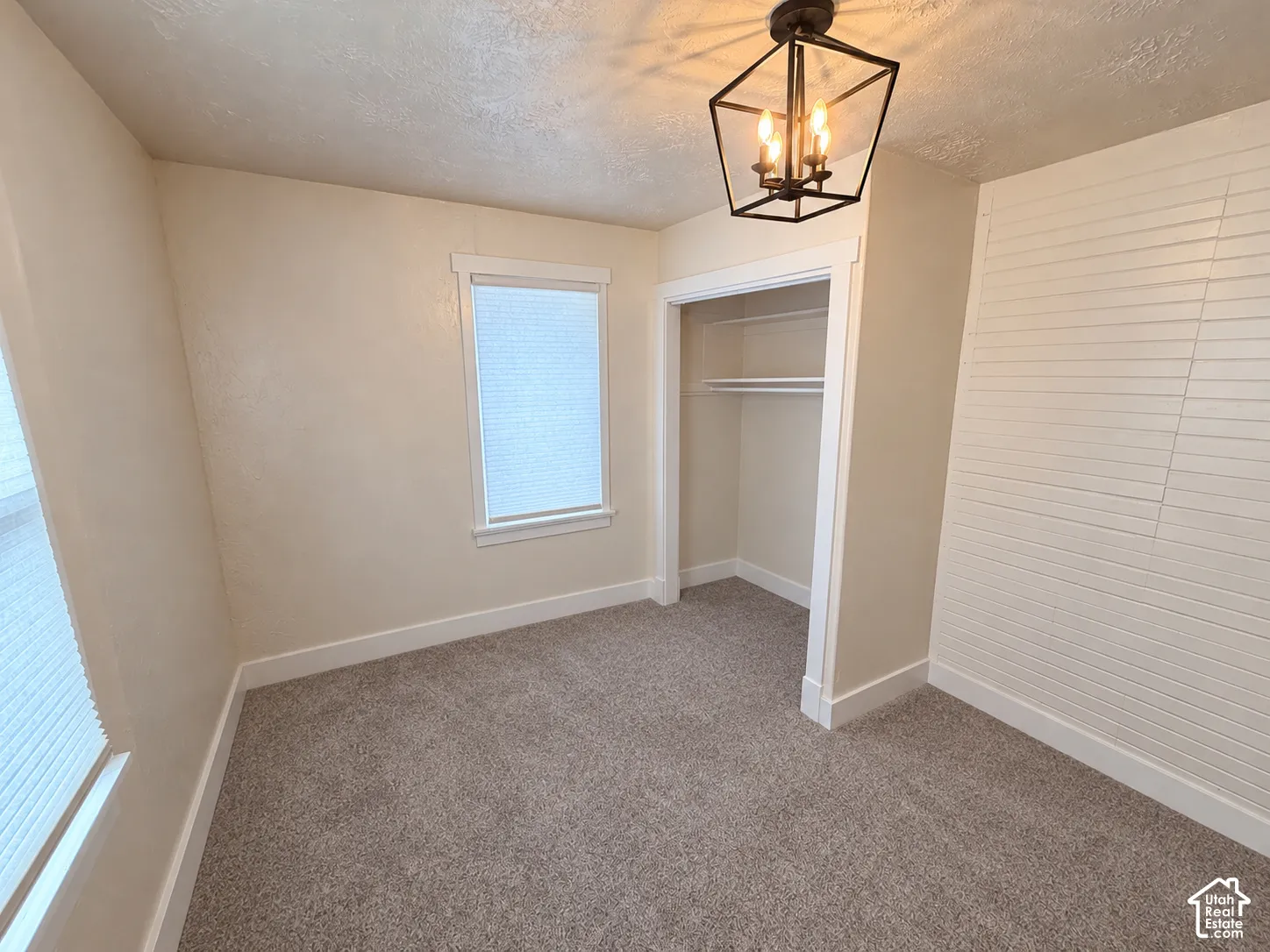 Textured wall finish, geometric metal lantern-style light fixture, horizontal plank wall detail, carpeted flooring, and built-in closet shelving