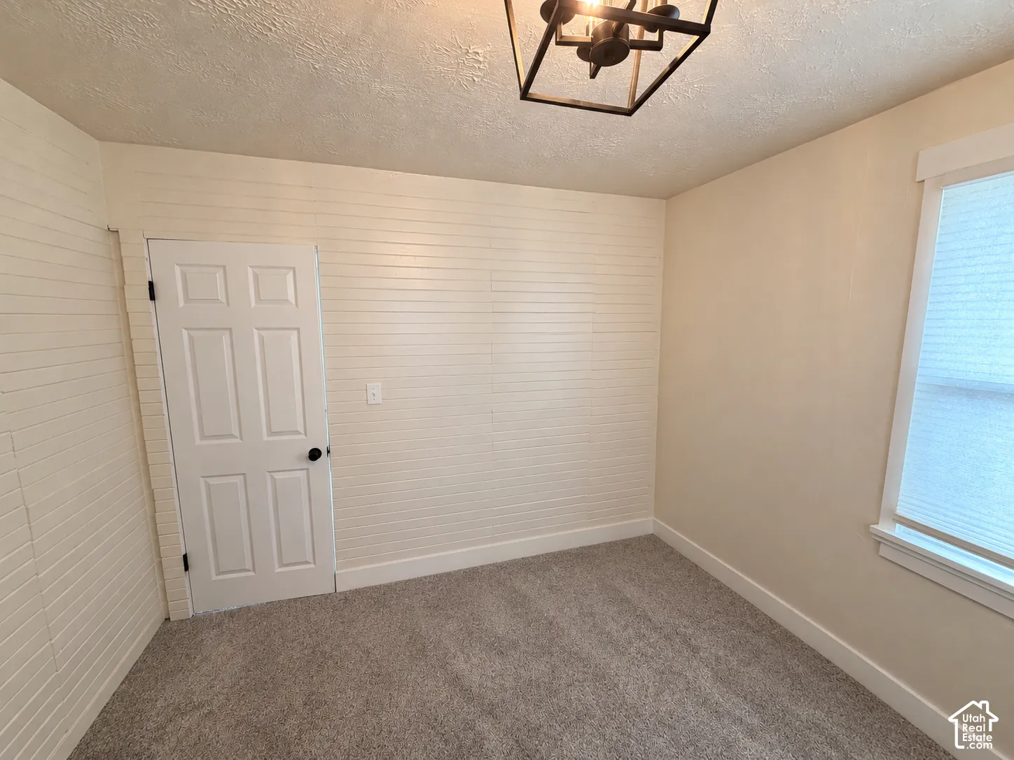 Room featuring horizontal wood-panel wall treatments, neutral carpeting, a six-panel door, and a geometric metal frame ceiling light fixture