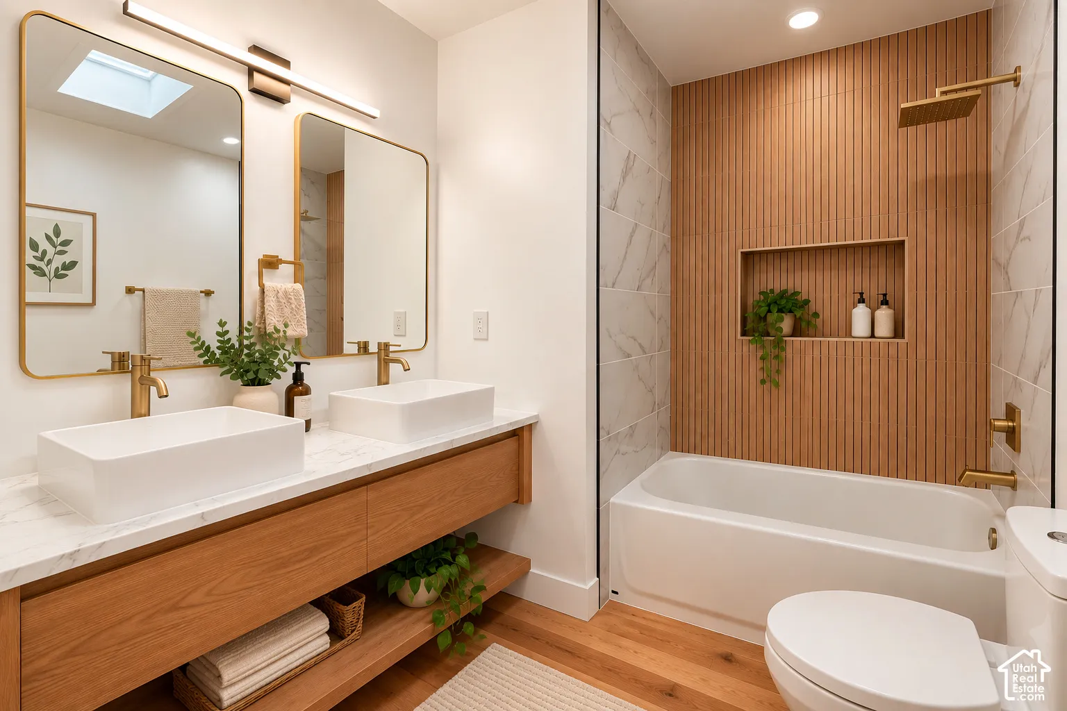 Floating wood-finish vanity with dual rectangular vessel sinks, gold-tone fixtures, wood-slat wall paneling, built-in recessed shower niche, and light-toned stone-finish tile