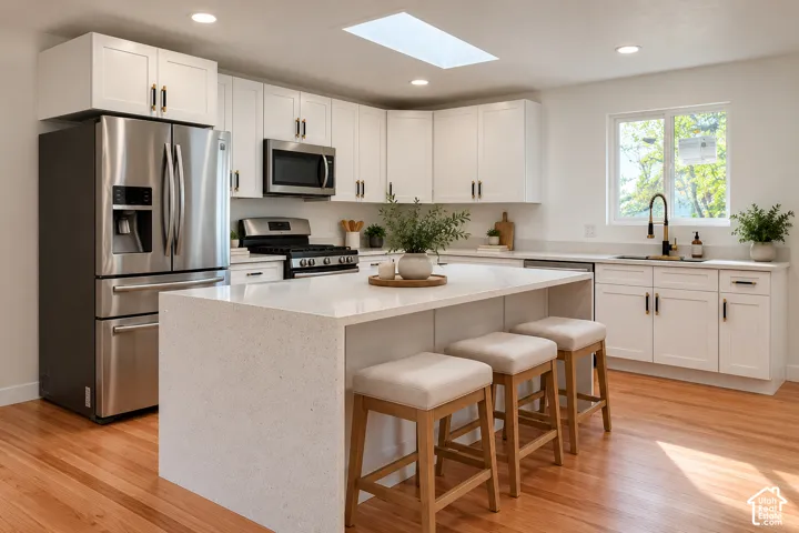 Kitchen featuring white Shaker-style cabinetry, a central island with a quartz countertop, stainless steel appliances, wood-finish flooring, and a ceiling skylight